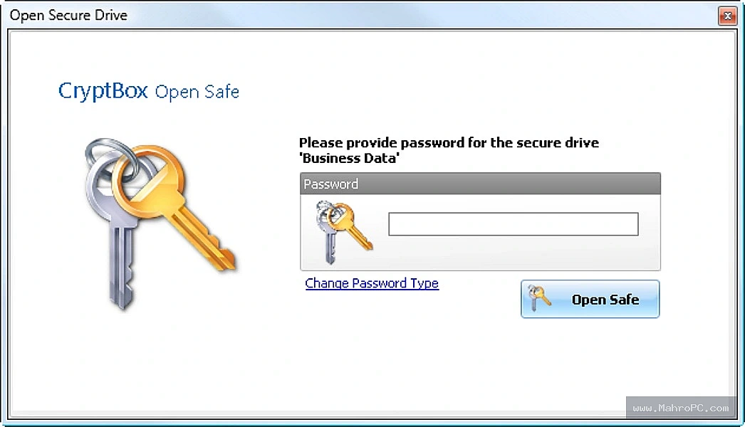 Configuring the master password and selecting a virtual drive letter during safe creation.