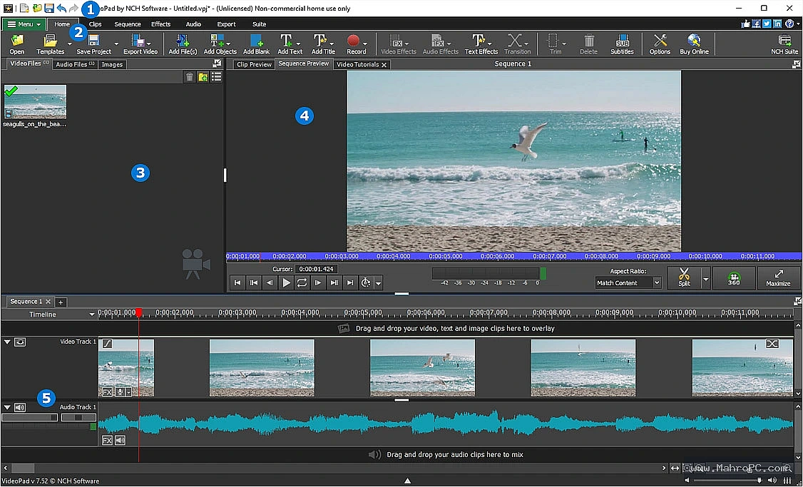 360-degree video editing panel in VideoPad Pro showing spherical view controls.