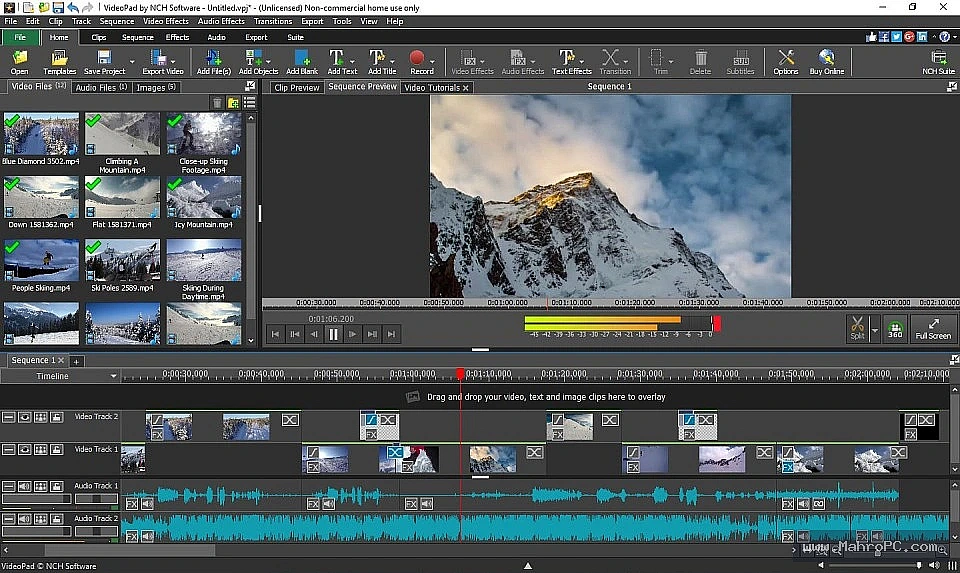 VideoPad Pro’s multi-track timeline and clip bin during a real editing session.