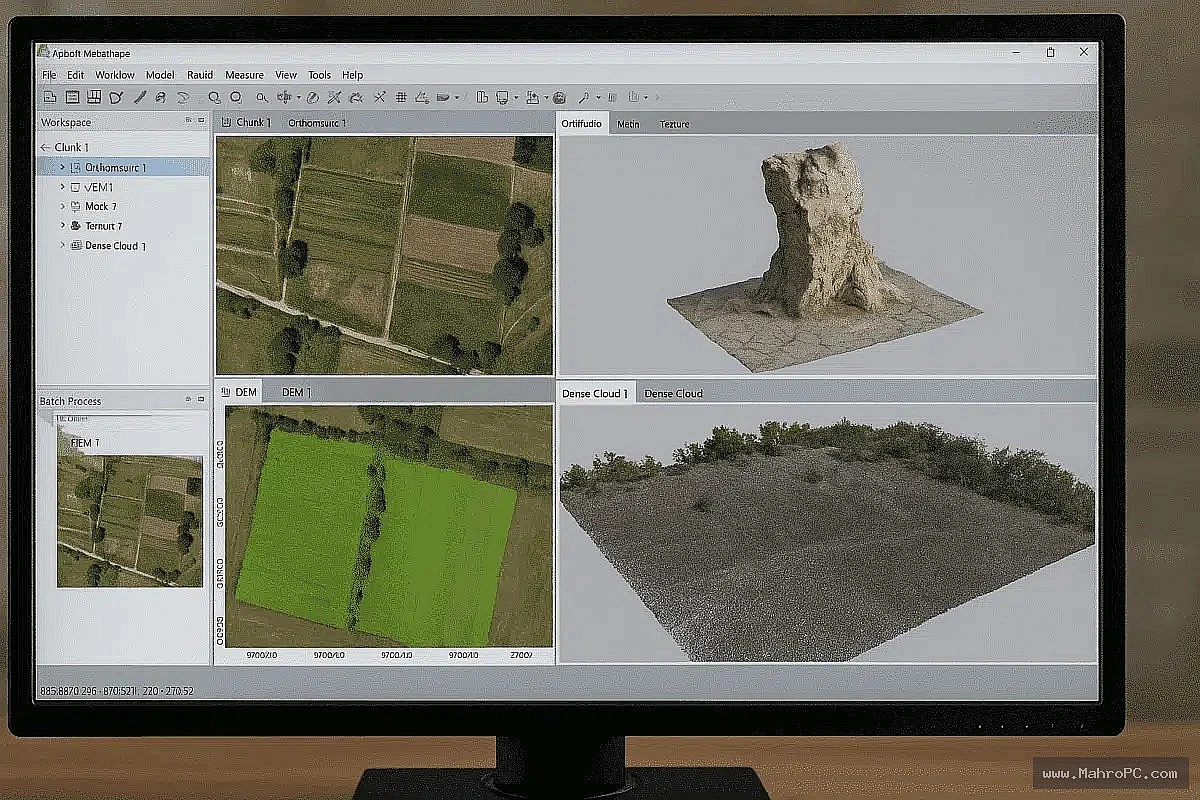 Agisoft Metashape Professional 2026 workspace UI showing chunk management, reference pane, and model viewport.