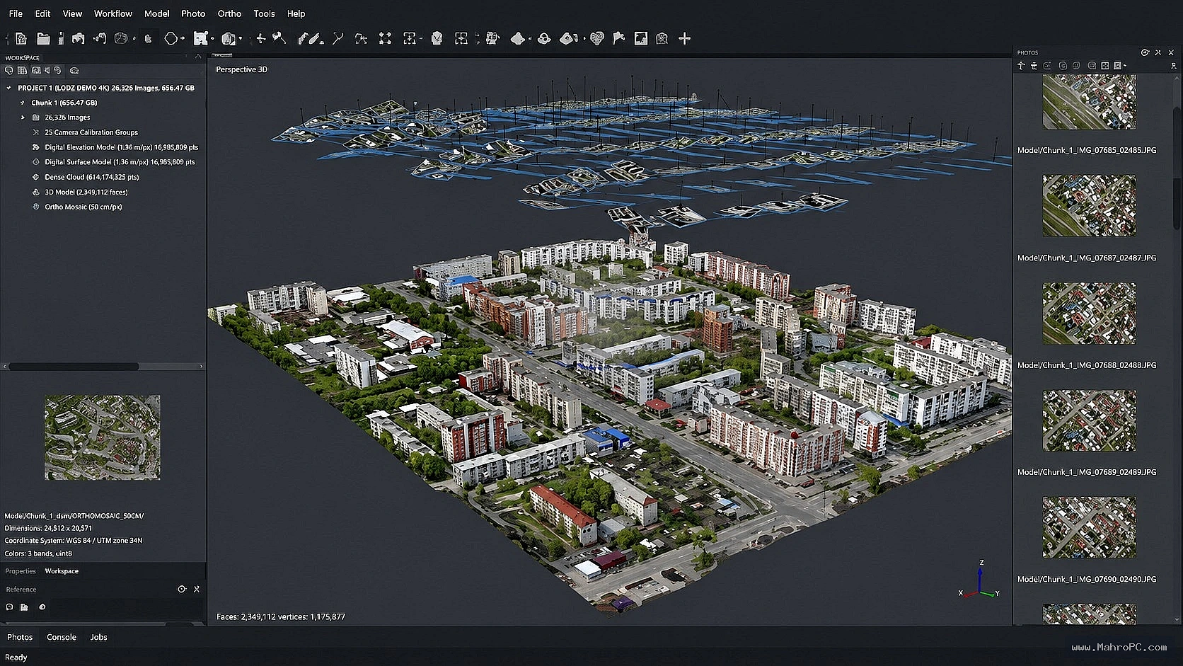Agisoft Metashape Professional 2026 workspace UI showing chunk management, reference pane, and model viewport.