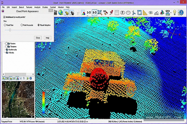 Quick Terrain Modeller main viewport with colorized point cloud, terrain profile, and measurement tools.