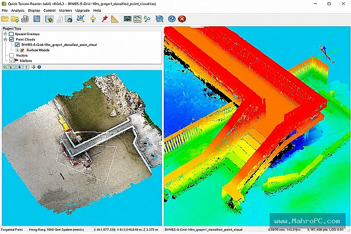 File import configuration panel with point cloud format selection and coordinate system assignment.