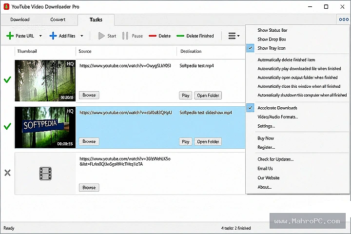 Robin YouTube Downloader Pro main interface with URL queue, format selection, and download progress bars.