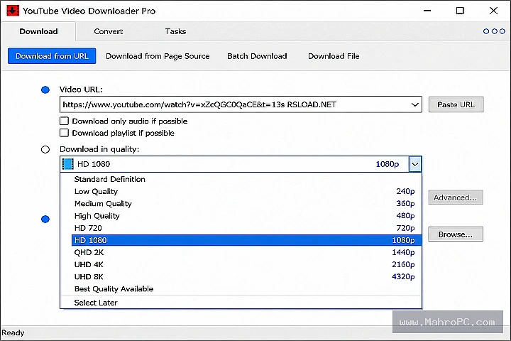 Completed downloads history panel with file metadata, conversion status, and log export button.