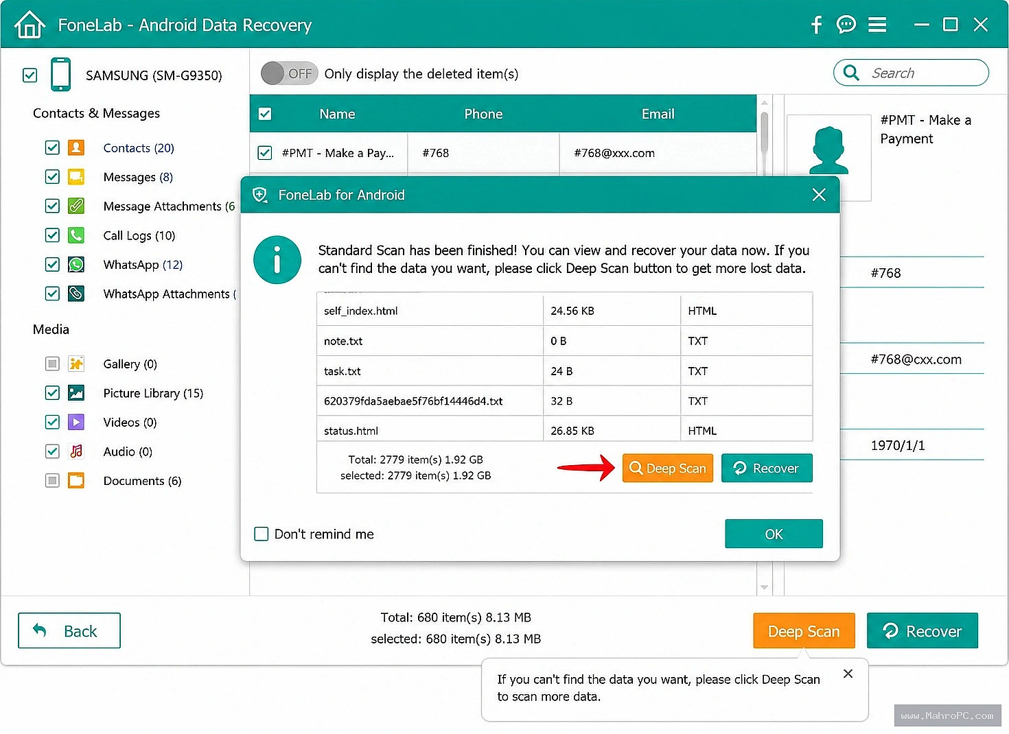 Data extraction profile configuration within Aiseesoft FoneLab for Android latest setup.