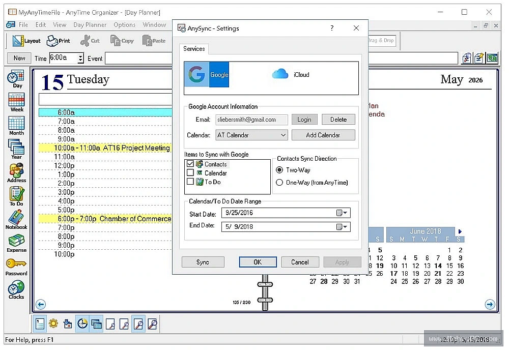 AnyTime Organizer Deluxe 2026 main dashboard showing daily calendar view, upcoming tasks widget, and contact list panel.
