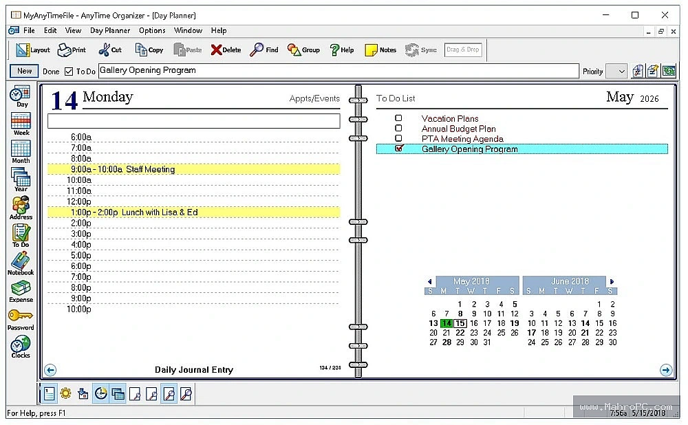 AnyTime Organizer Deluxe 2026 export and report panel generating appointment summaries, printable schedules, and task status overviews.