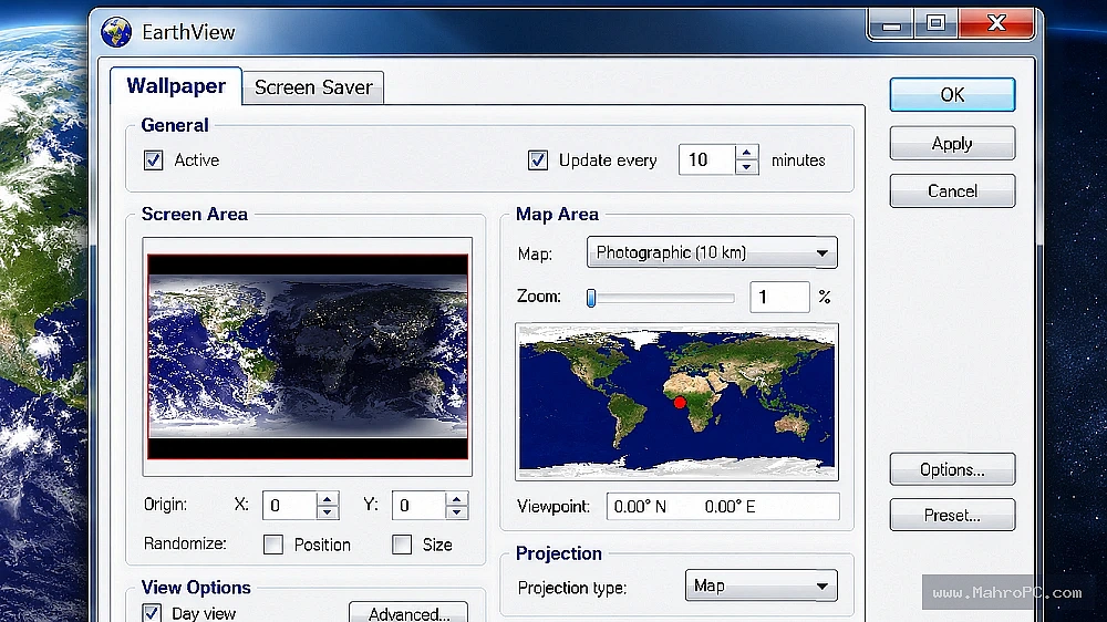 DeskSoft EarthView 2026 main dashboard displaying an interactive Earth map with time zone overlay and wallpaper configuration tools.