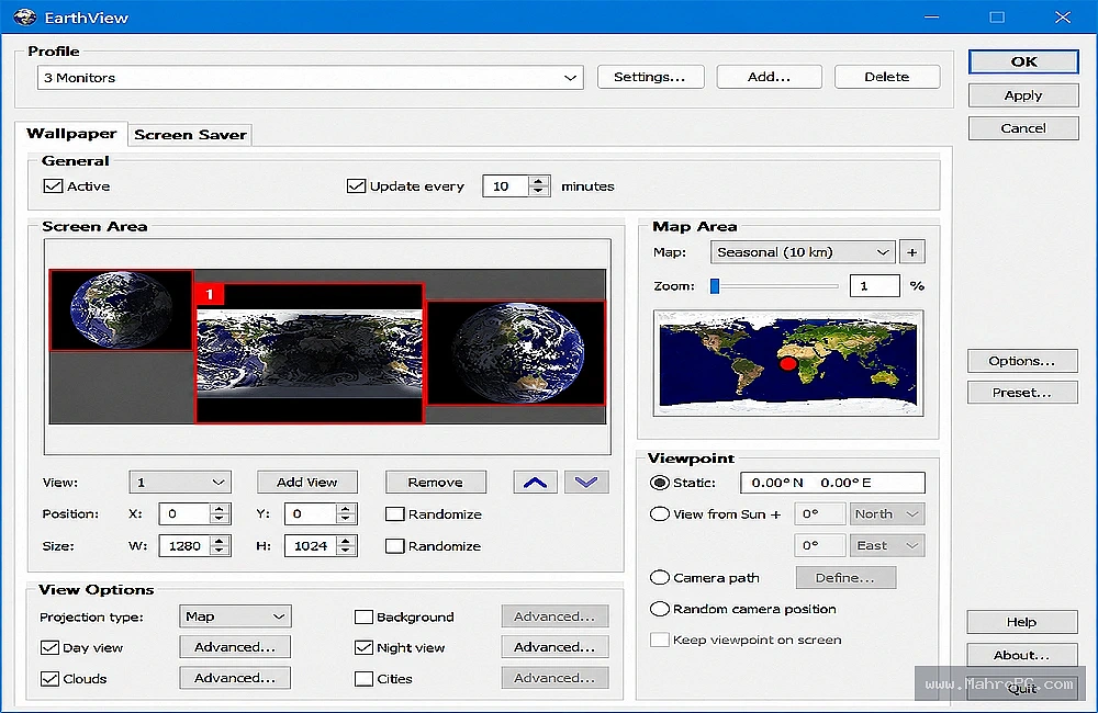 DeskSoft EarthView 2026 backend configuration window showing cloud update frequency, city lights rendering, and map projection selection.