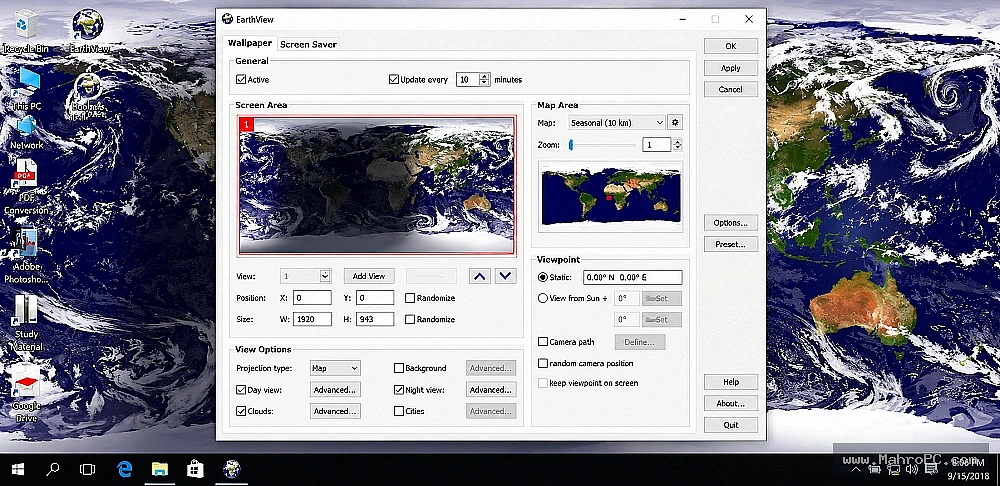 DeskSoft EarthView 2026 export and output panel with current Earth image saving, screensaver multi-monitor setup, and live update status.