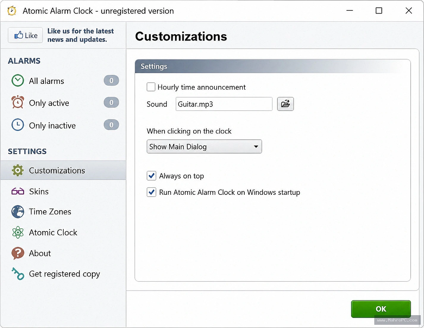 Atomic Alarm Clock alarm configuration panel with recurrence rules, audio output selection, and application launch triggers.