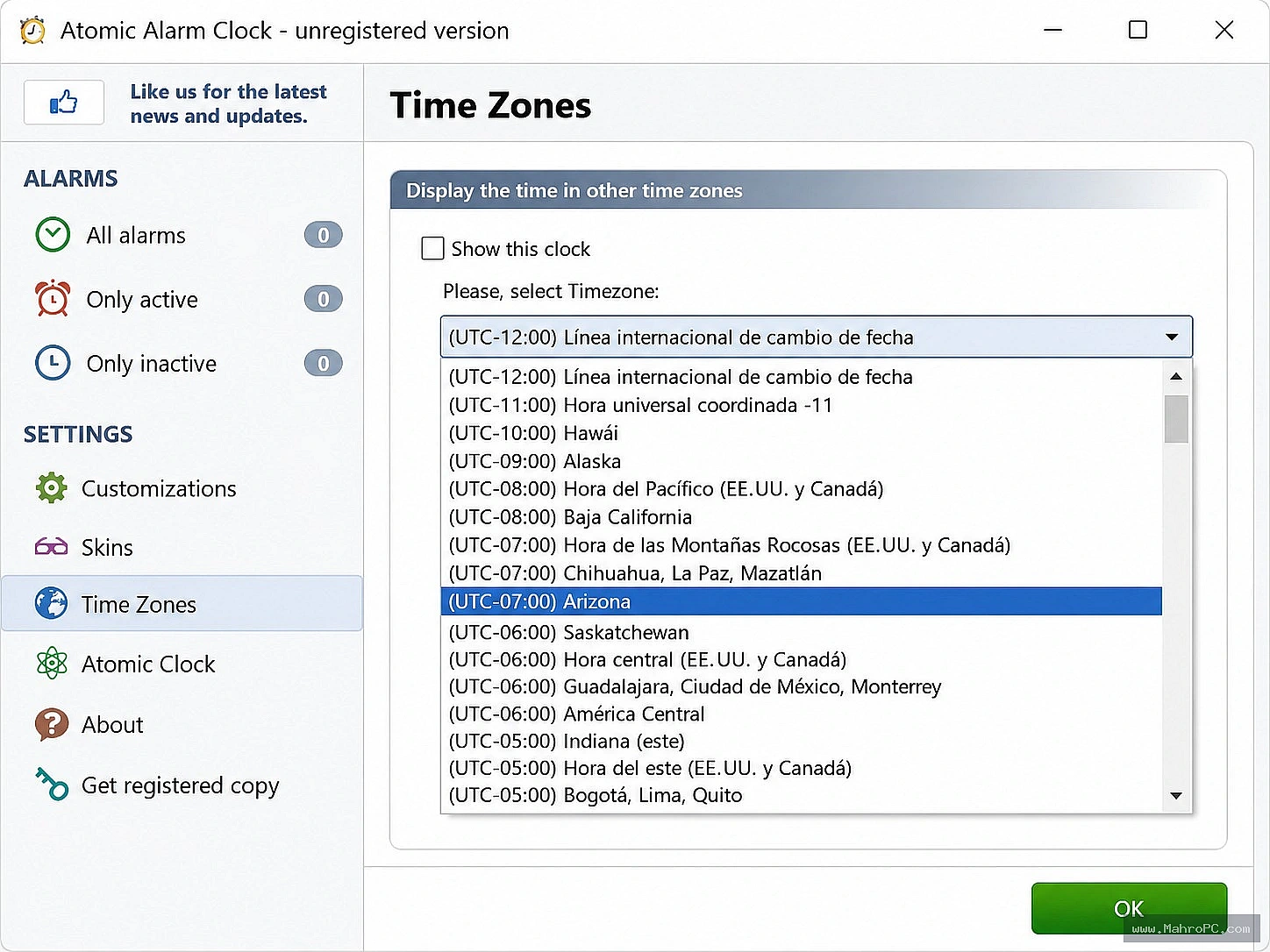 Atomic Alarm Clock NTP server settings pane, displaying server addresses, poll interval, and synchronization log entries.