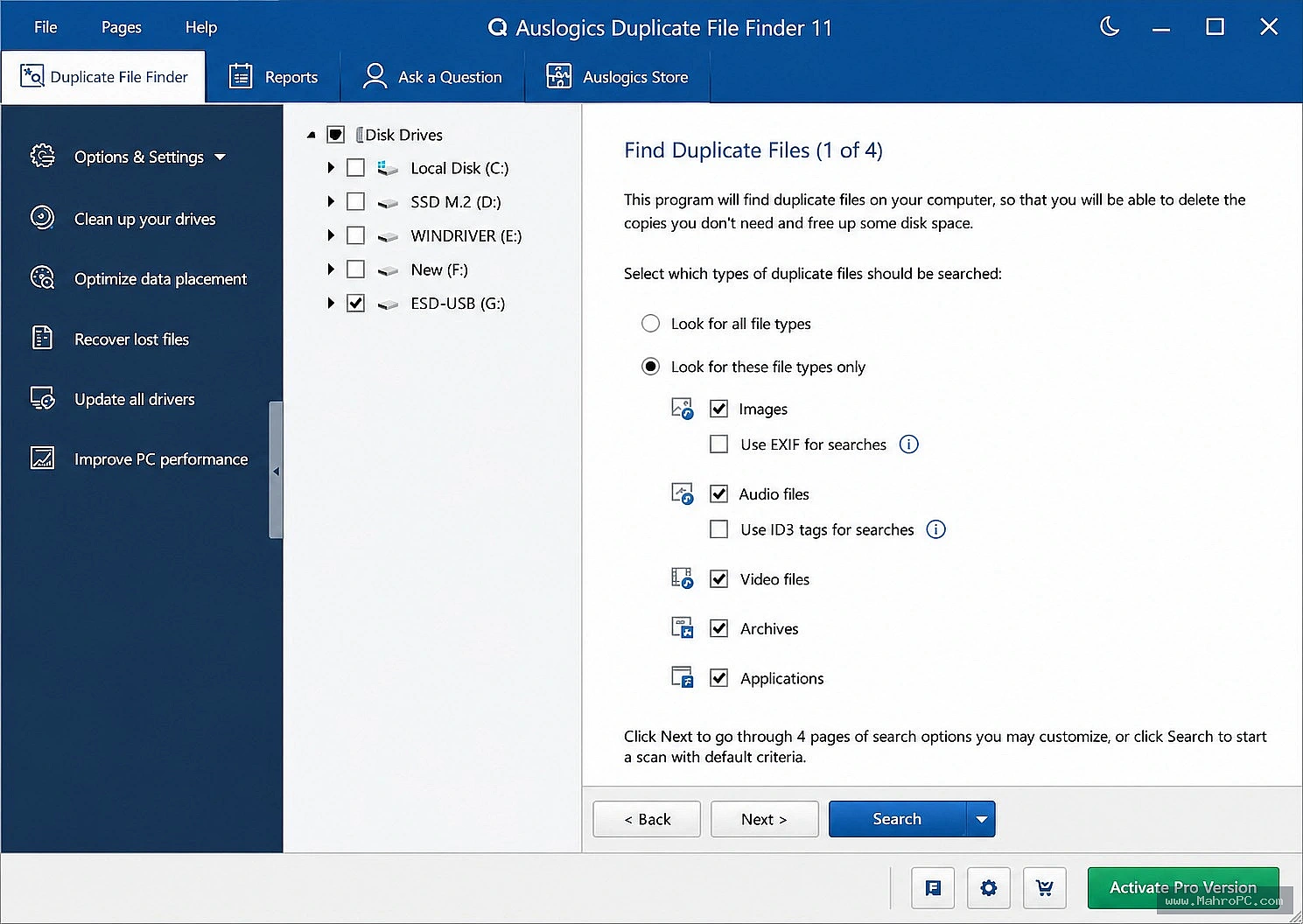 Auslogics Duplicate File Finder scan configuration panel, showing file mask filters, size thresholds, and scan scope selection.
