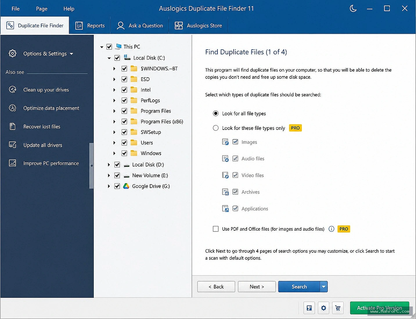 Auslogics Duplicate File Finder results grid with file hashes, duplication percentage, and per-folder waste breakdown.