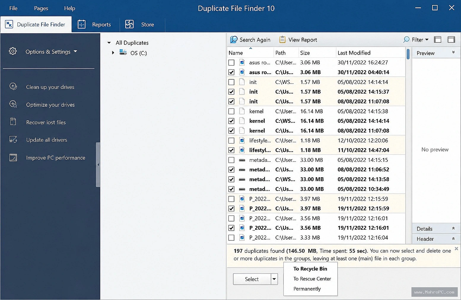 Auslogics Duplicate File Finder secure removal preview, listing files marked for deletion and Recycle Bin/zero-overwrite options.