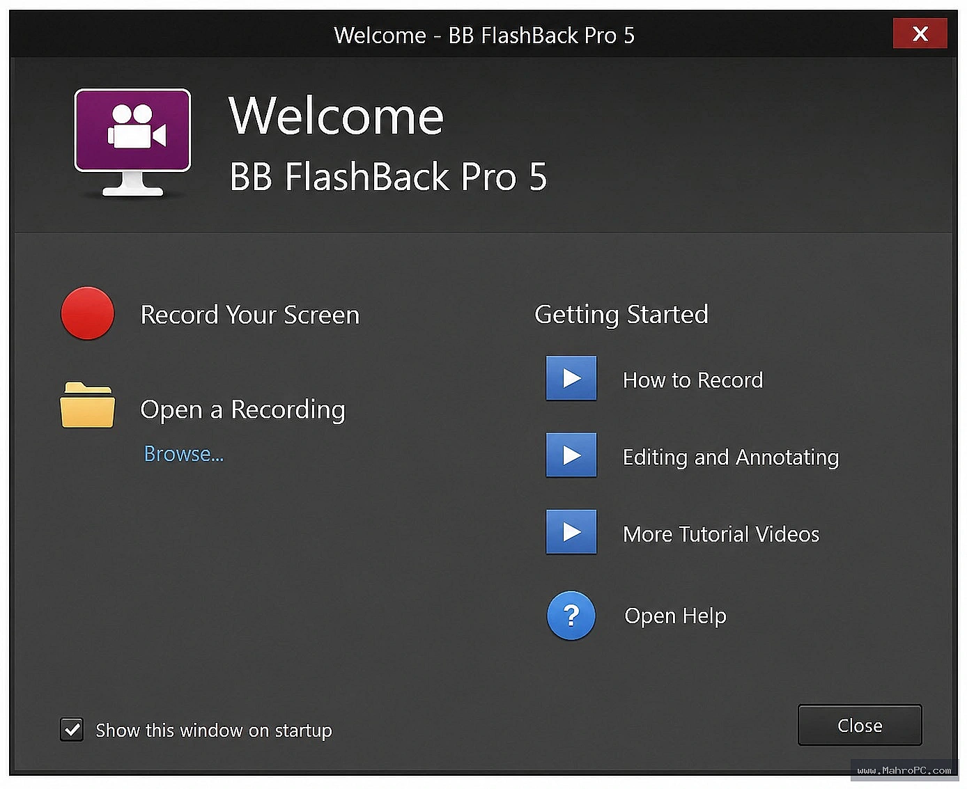 BB FlashBack Pro main recording dashboard with screen region selection, audio input level meters, and webcam preview overlay.