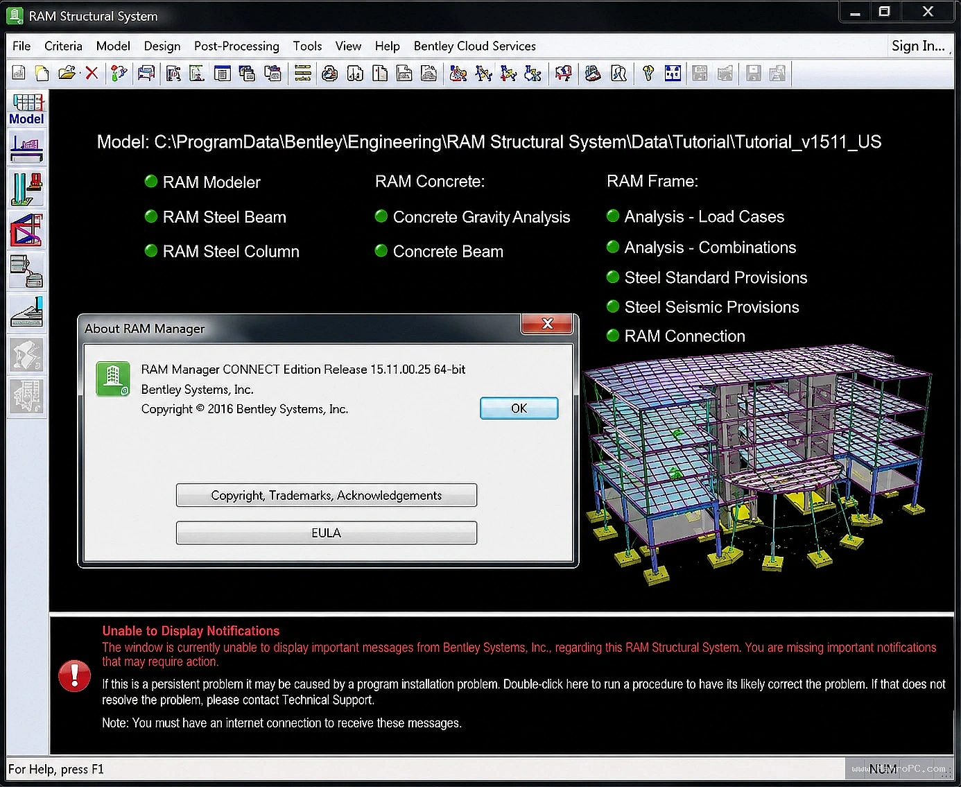 Bentley RAM Structural System 3D model view displaying steel frame geometry, member labels, and applied load combinations.