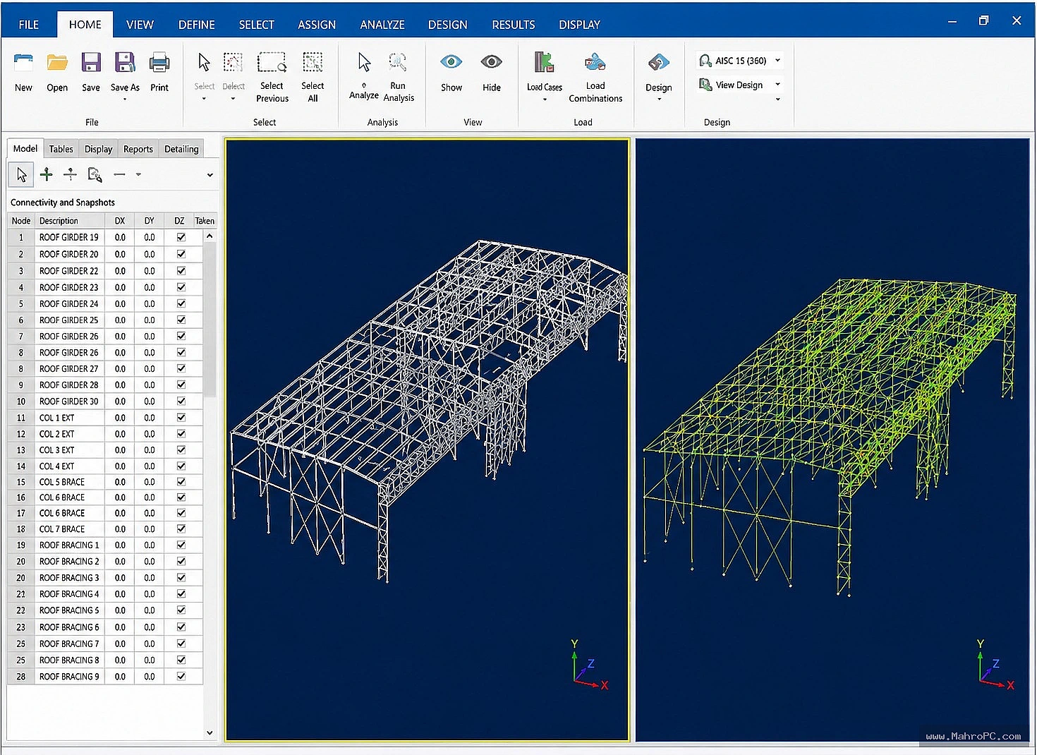 Bentley RAM Structural System analysis settings dialog with design code selection (AISC 360, Eurocode) and iteration control parameters.