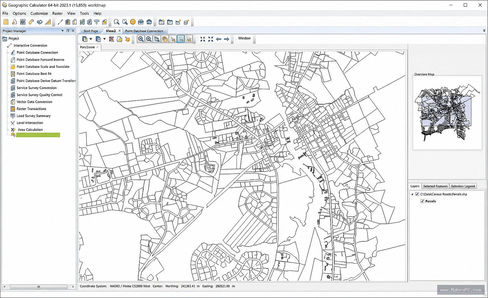 Blue Marble Geographic Calculator primary coordinate conversion interface with source and target CRS selection and interactive map picker.
