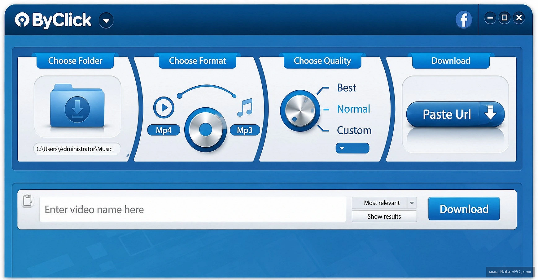By Click Downloader primary dashboard with detected media sources, format selection, and download queue overview.