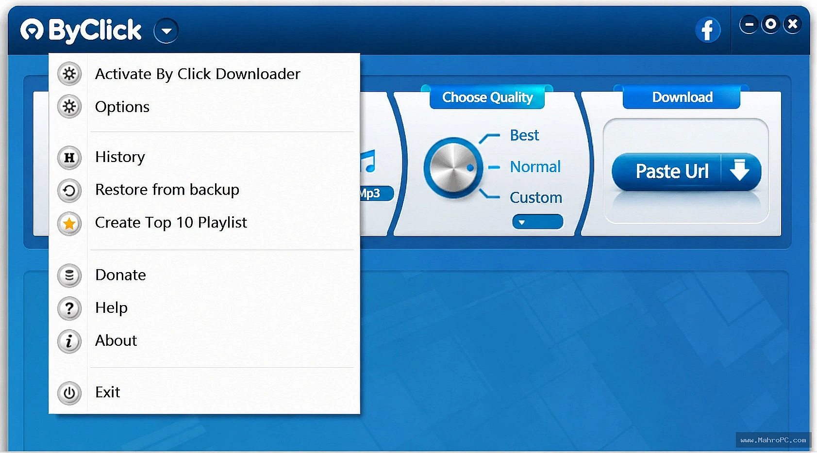 By Click Downloader settings panel showing simultaneous download limits, bandwidth throttling, and output directory configuration.
