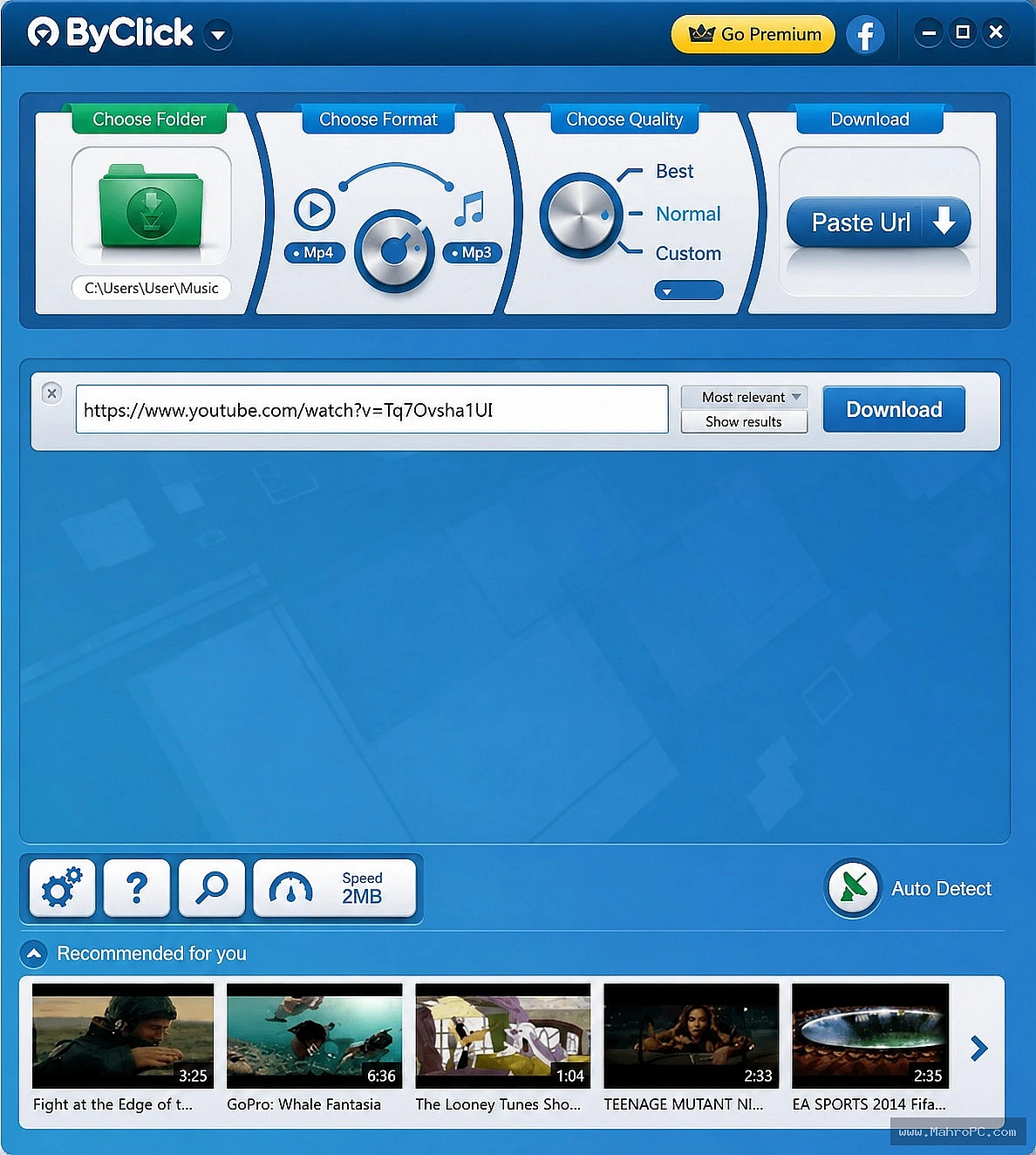 By Click Downloader conversion dialog with codec selection, resolution scaling, and hardware acceleration toggle for post-processing.