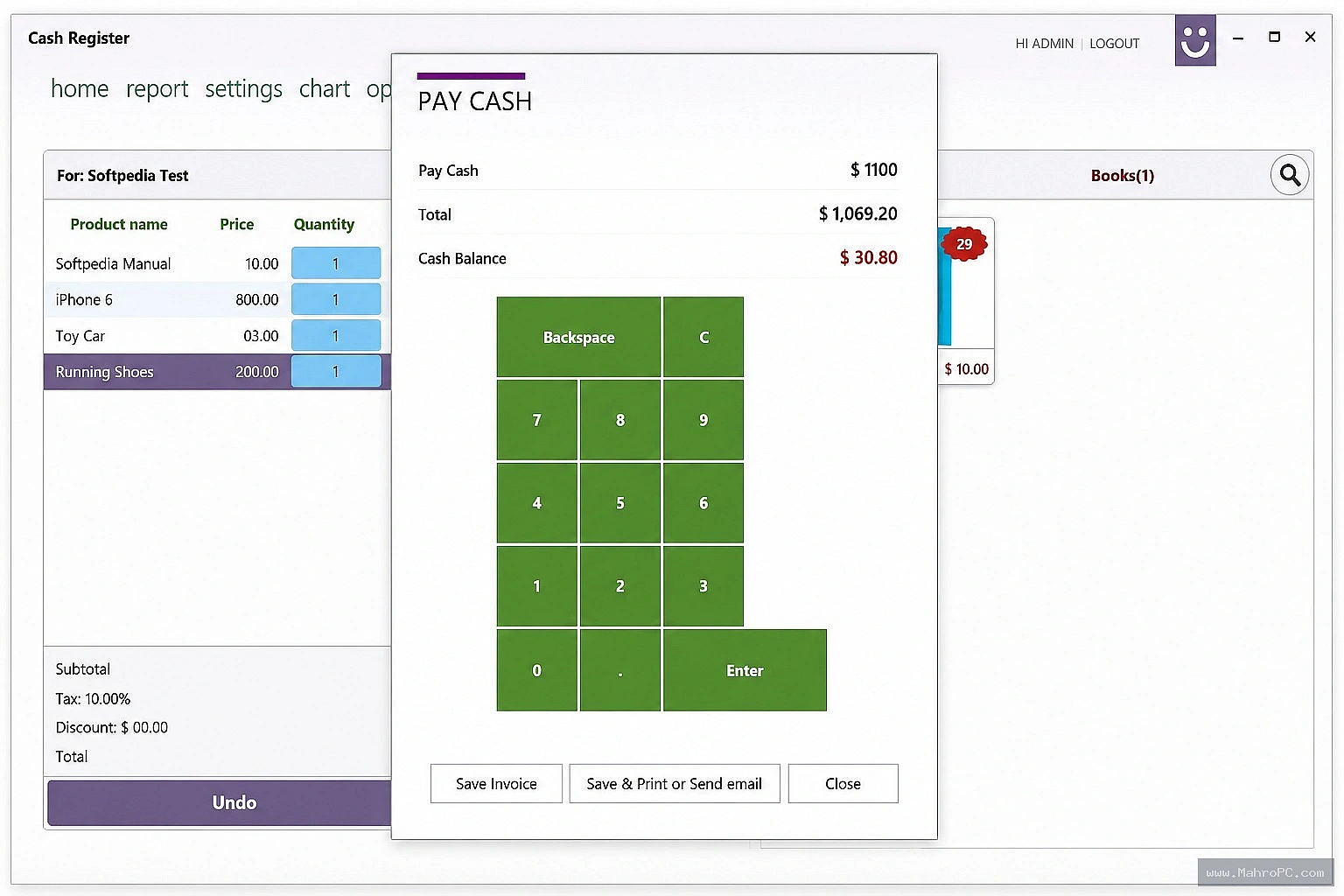 Cash Register Pro main point-of-sale interface with product catalog grid, cart panel, and tender calculation display.