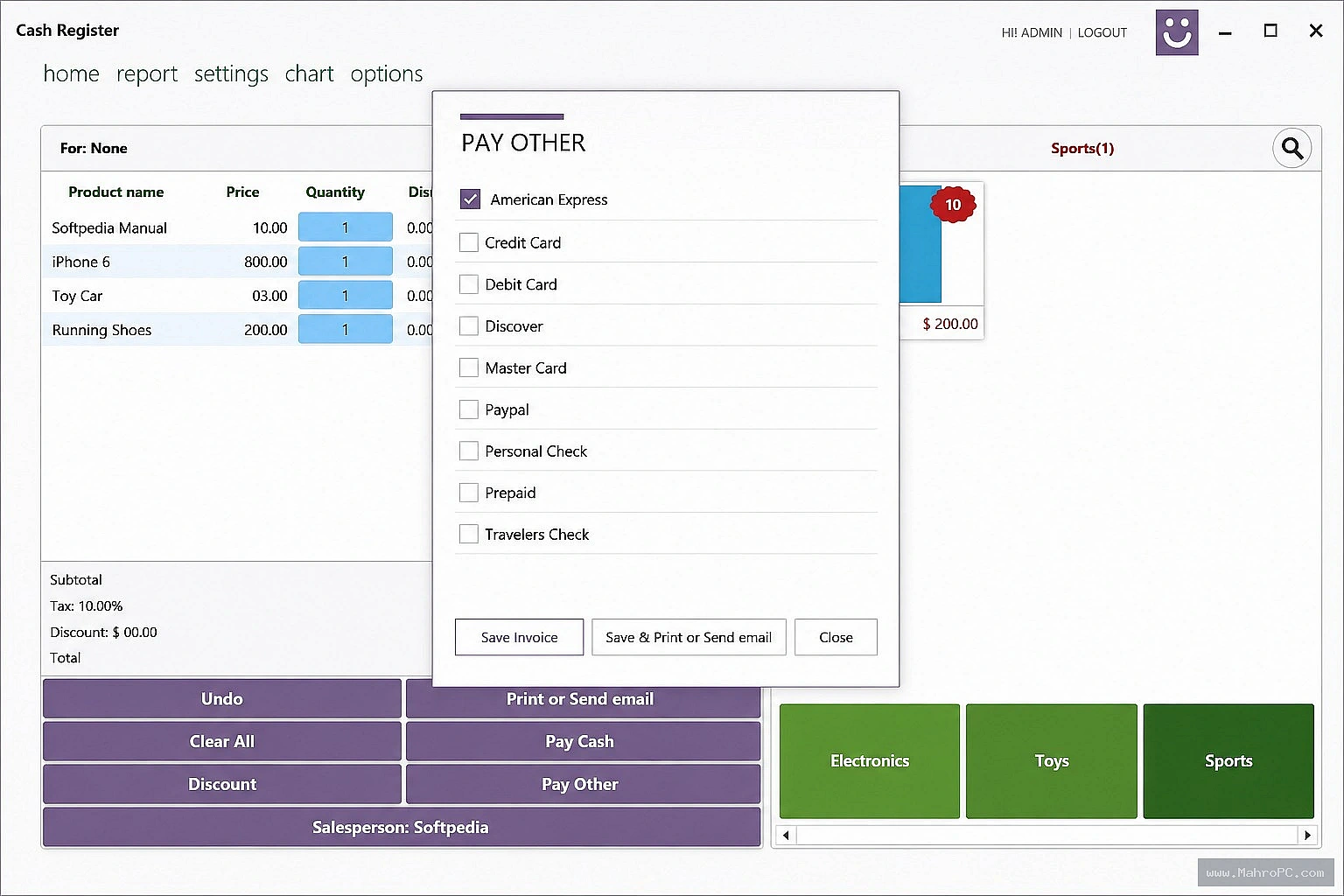 Cash Register Pro back-office configuration window for tax rules, payment method mapping, and receipt printer ESC/POS settings.