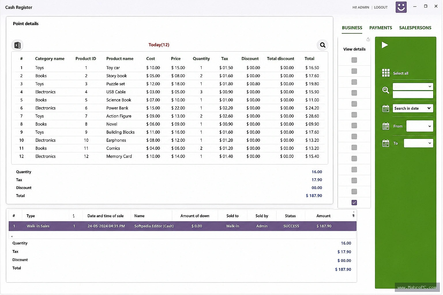 Cash Register Pro end-of-day report view showing sales summary, payment type breakdown, and CSV export options.