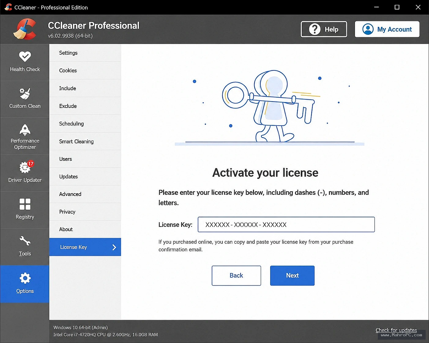 CCleaner Professional Plus Health Check dashboard showing junk file scan results, privacy tracker count, and system optimization status.