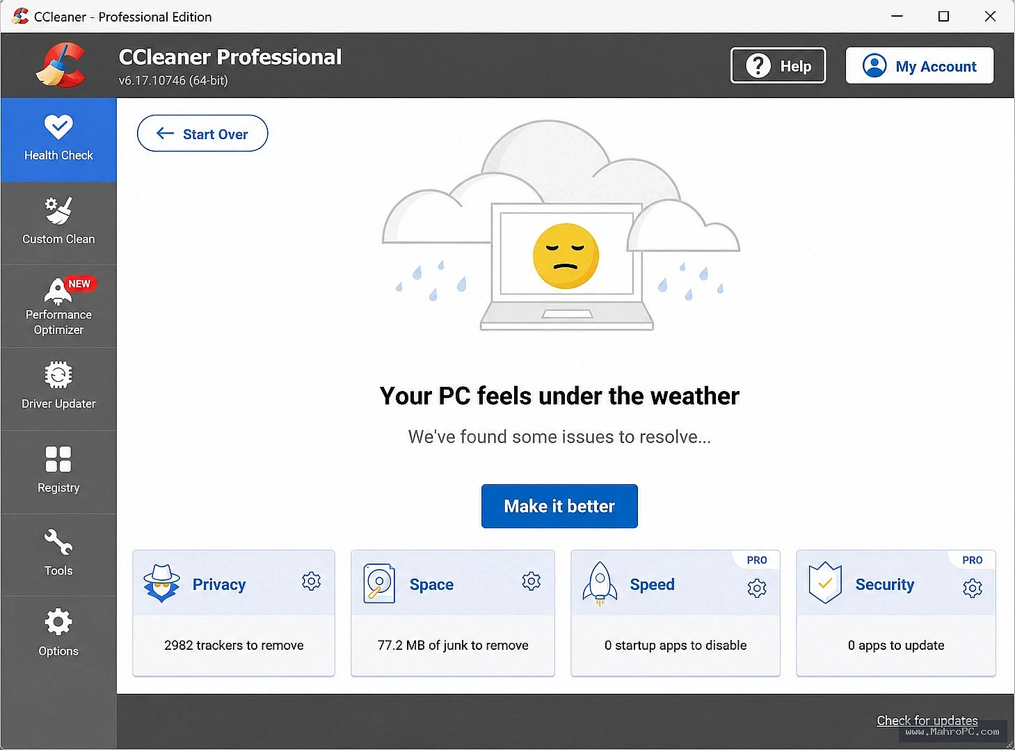 CCleaner Professional Plus Tools module displaying startup program manager and browser extension list with enable/disable toggles.