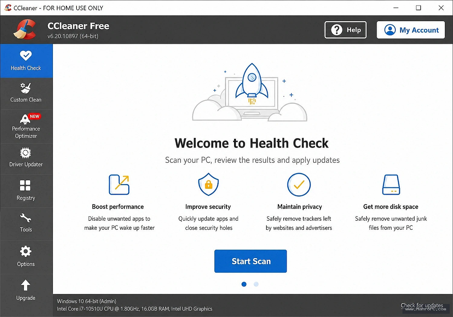 CCleaner Business Edition Health Check summary showing disk space reclaim metrics and privacy tracker removal counts.