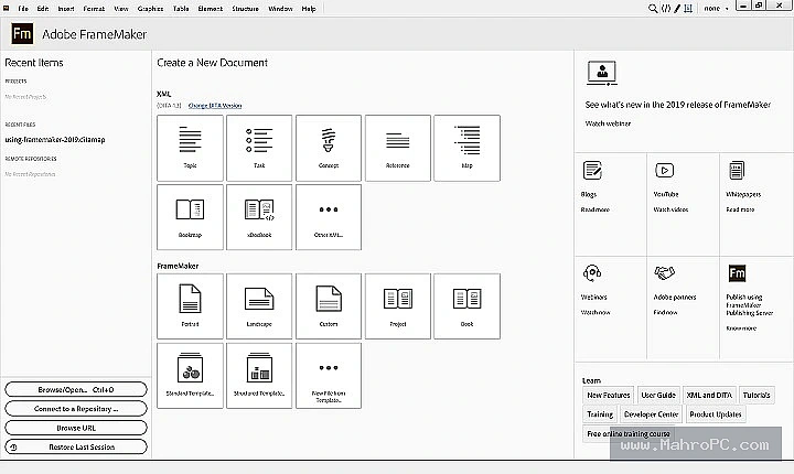 Adobe FrameMaker 10 Advanced Document Configuration Panel with Template, Publishing, and Formatting Settings