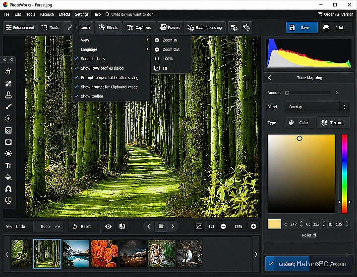 AMS PhotoWorks 21.0 Main Photo Editing Workspace with AI Enhancement and Professional Editing Tools