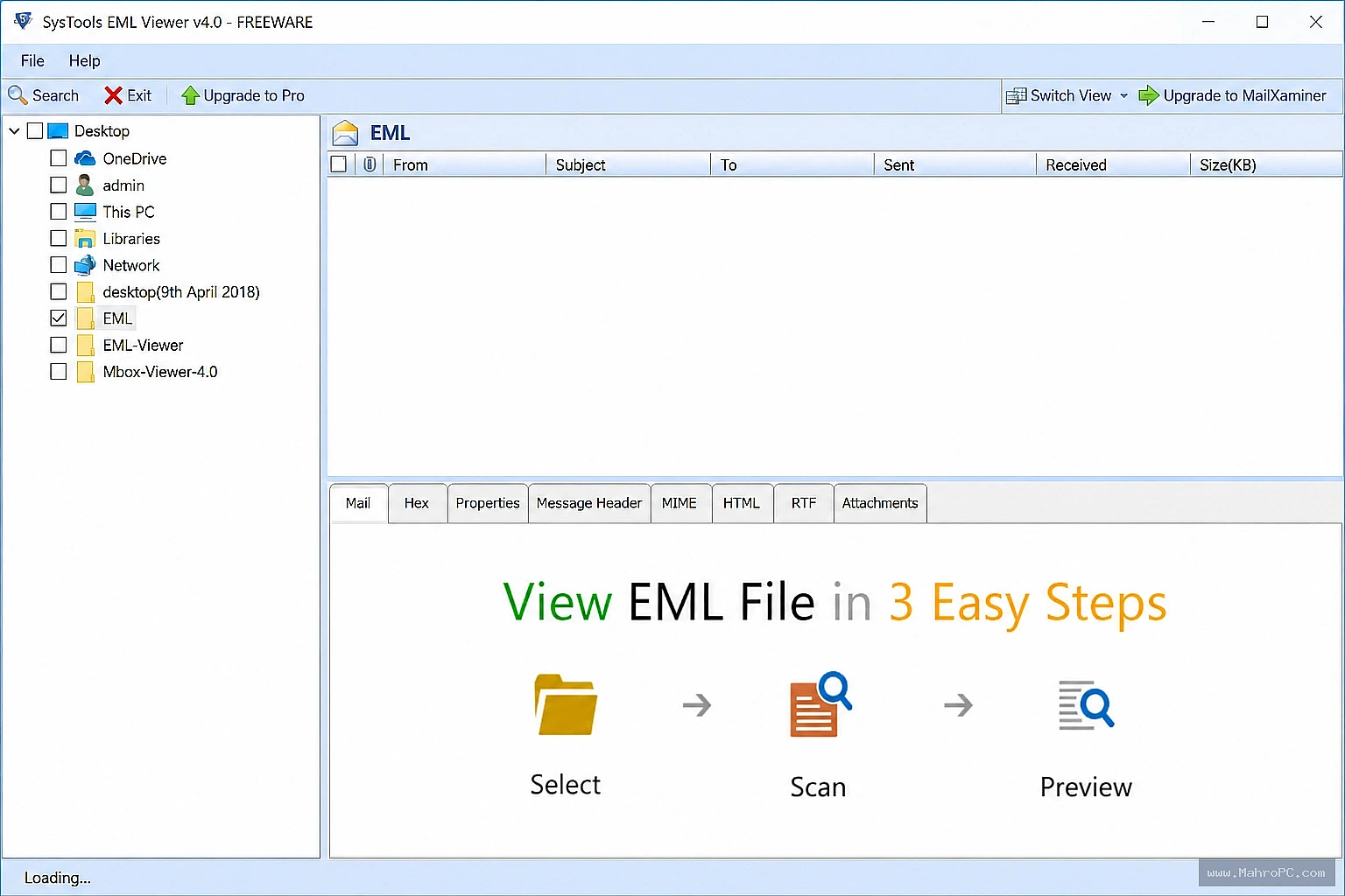 EMLViewer Pro main interface for opening and viewing EML email files with a simple and user-friendly layout.