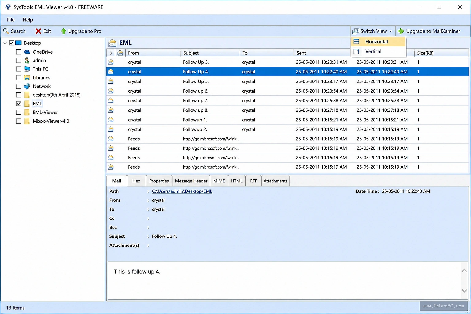 Preview email messages, attachments, sender information, and message content without installing an email client.