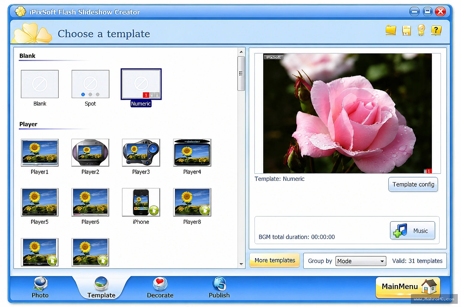 iPixSoft Flash Slideshow Creator main interface for creating professional animated photo slideshows with customizable templates and effects.