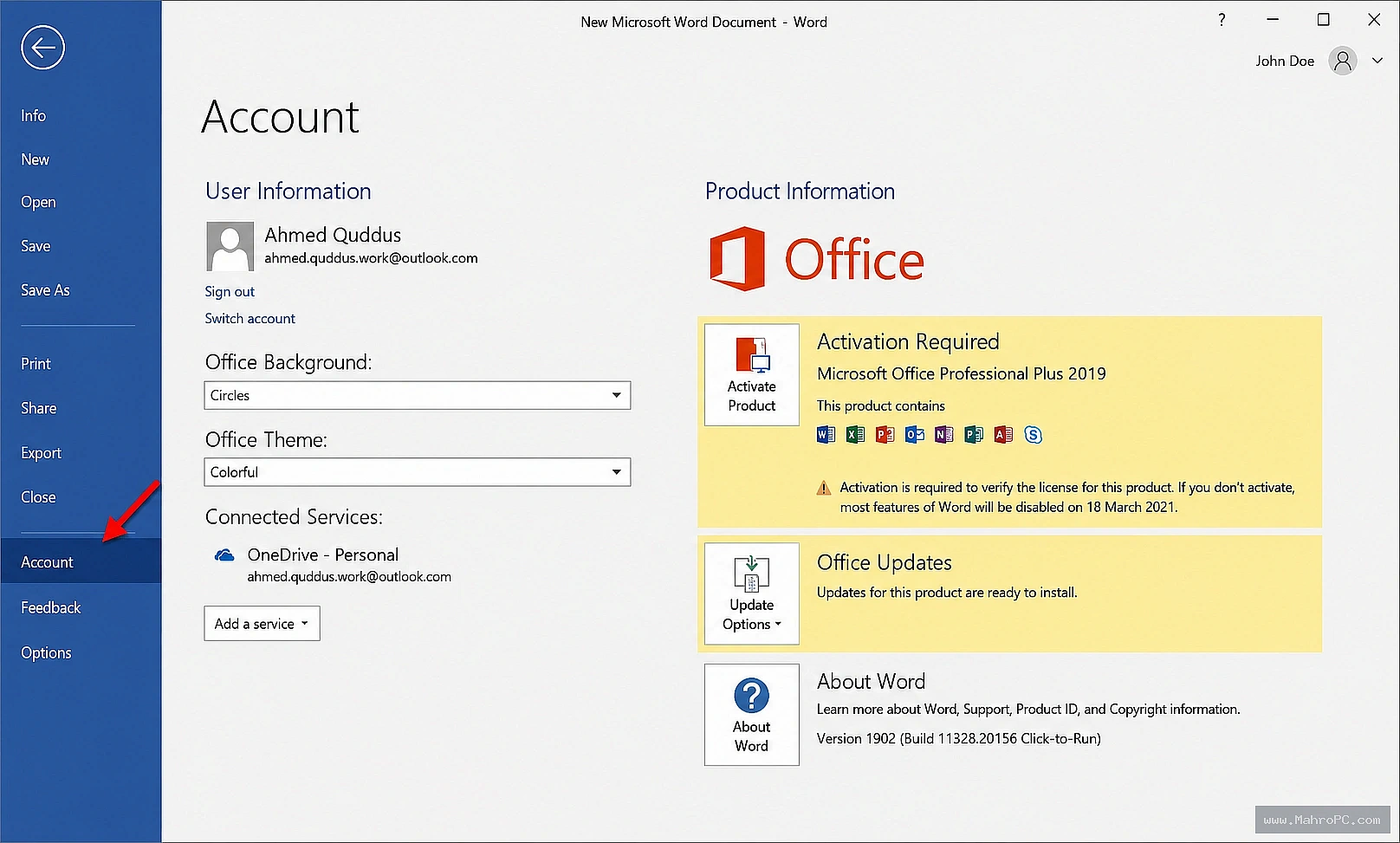 Microsoft Office 2019 Pro Plus main interface featuring essential productivity applications for creating documents, spreadsheets, presentations, and emails.