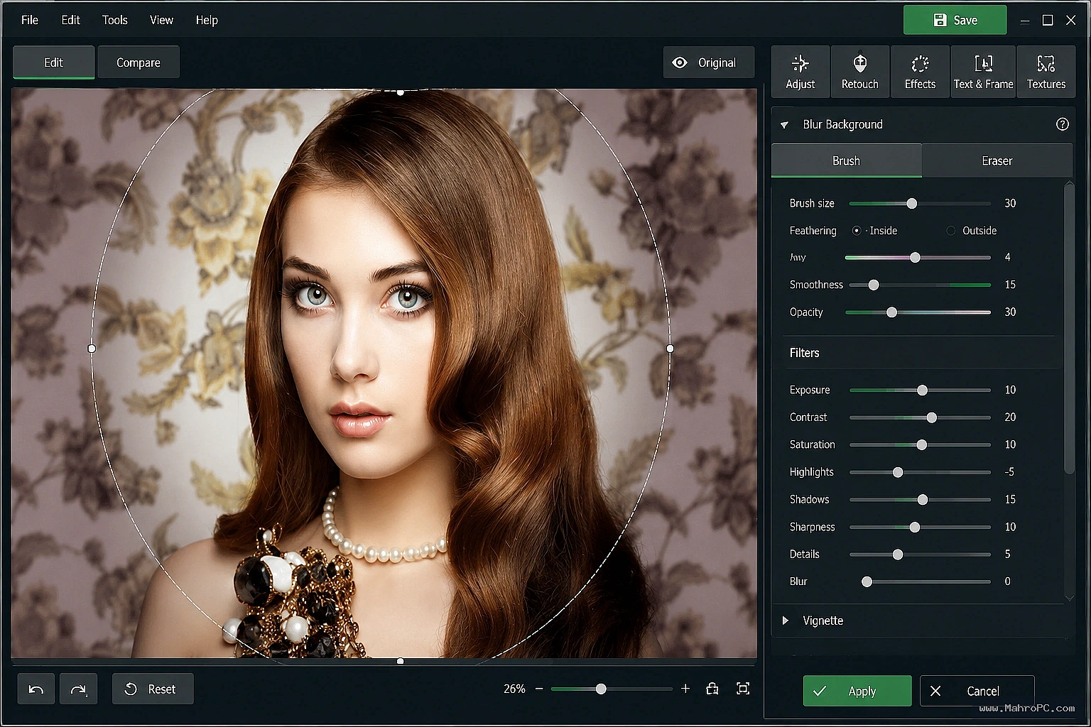 PhotoDiva main interface for enhancing portrait photos with AI-powered retouching, beauty tools, and professional editing features.