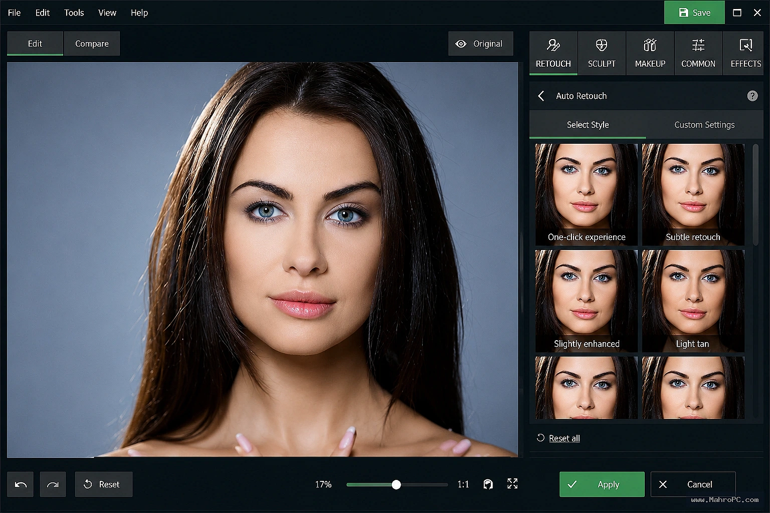 Smooth skin, remove blemishes, adjust facial features, and apply realistic makeup effects with intelligent portrait editing tools.