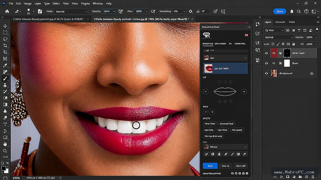 Retouch4me White Teeth main interface for automatically enhancing smiles with realistic AI-powered teeth whitening technology.
