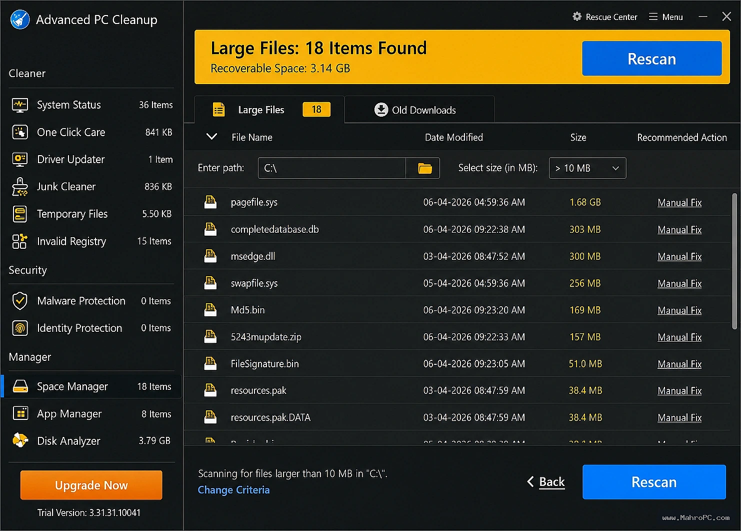 Review detected cleanup results and remove unwanted files from different areas of your PC to free disk space and improve system organization.