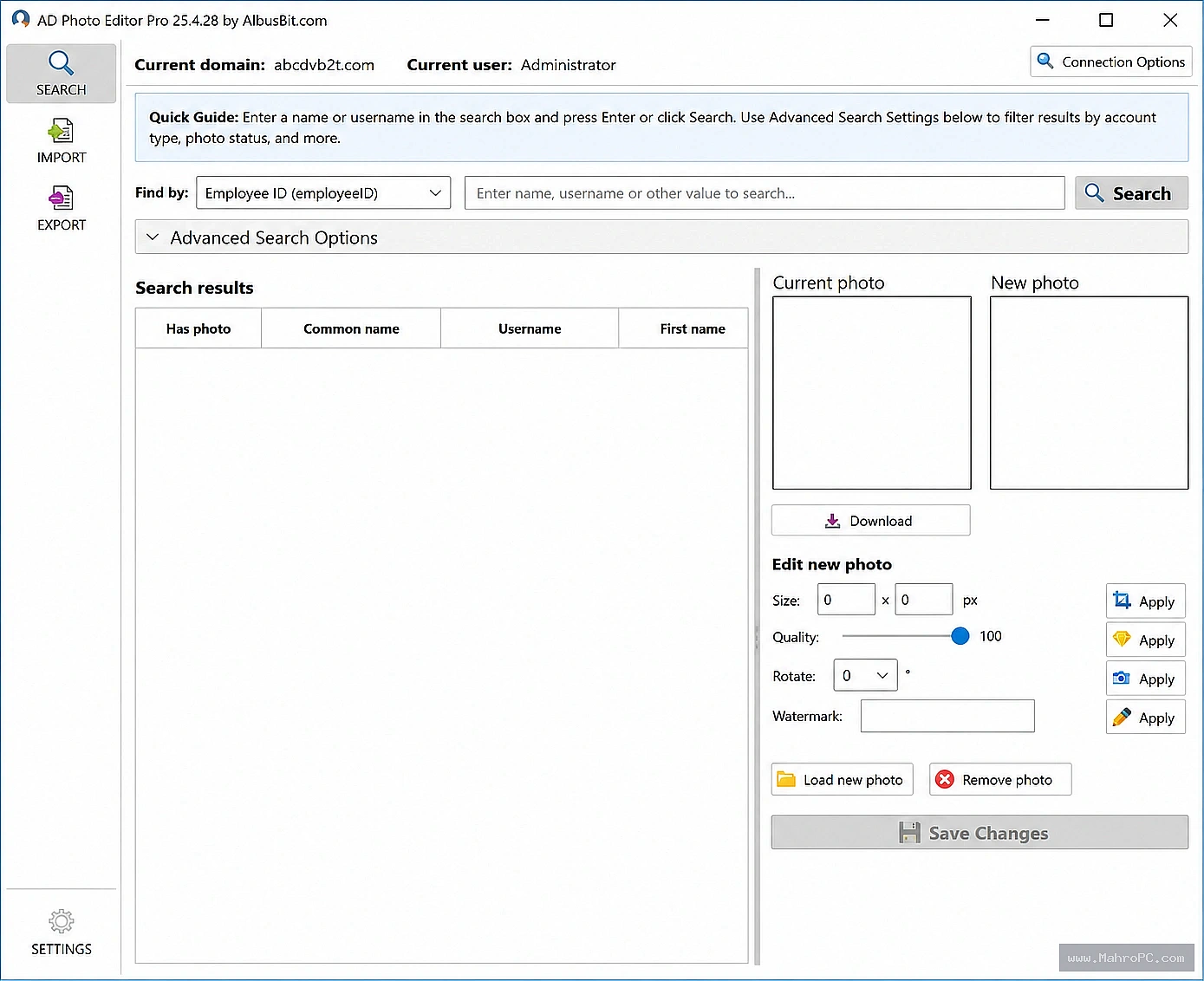 Resize, rotate, adjust JPEG quality, and add text watermarks to user photos before saving them directly to Active Directory.