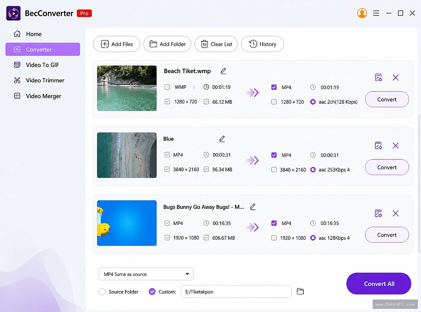 Customize output settings including resolution, bitrate, codec, frame rate, and audio quality to create optimized files for mobile devices, social media, and professional use.