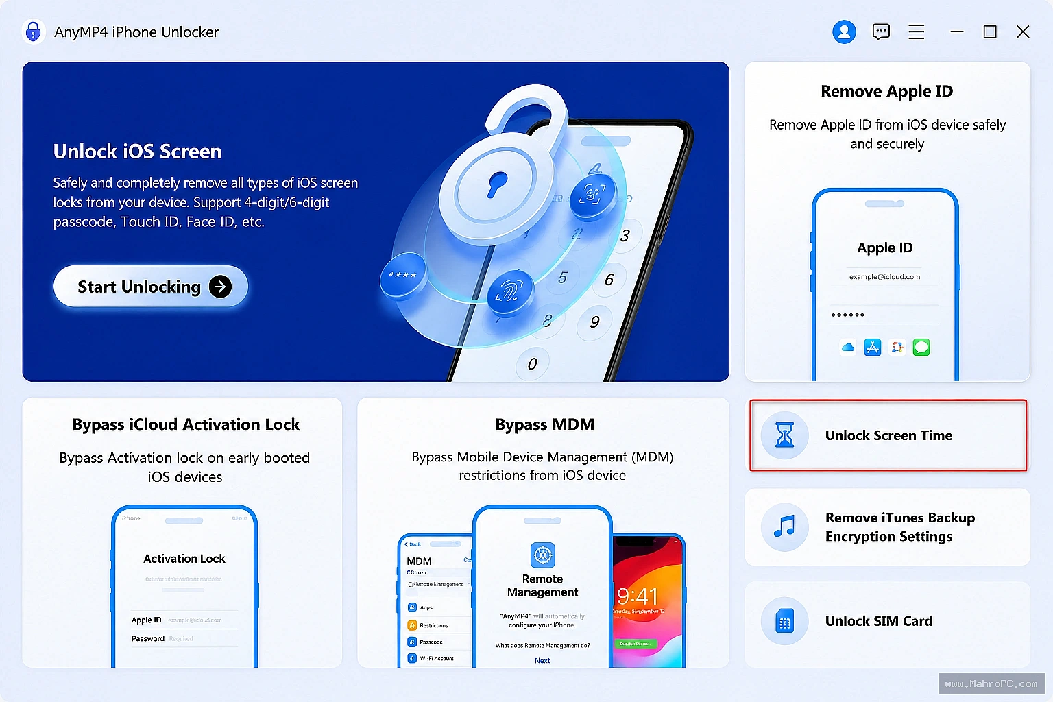 Unlock supported iPhone screen passcodes through a guided recovery process with dedicated tools for handling common iOS lock scenarios.