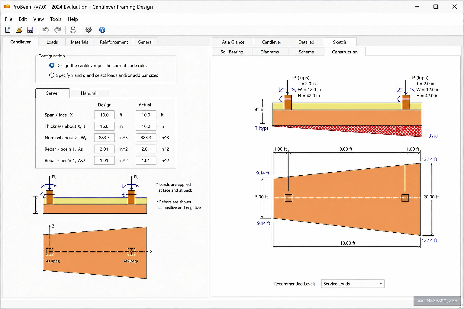 Design and analyze reinforced concrete foundations with engineering tools for calculating loads, dimensions, reinforcement details, and structural requirements.