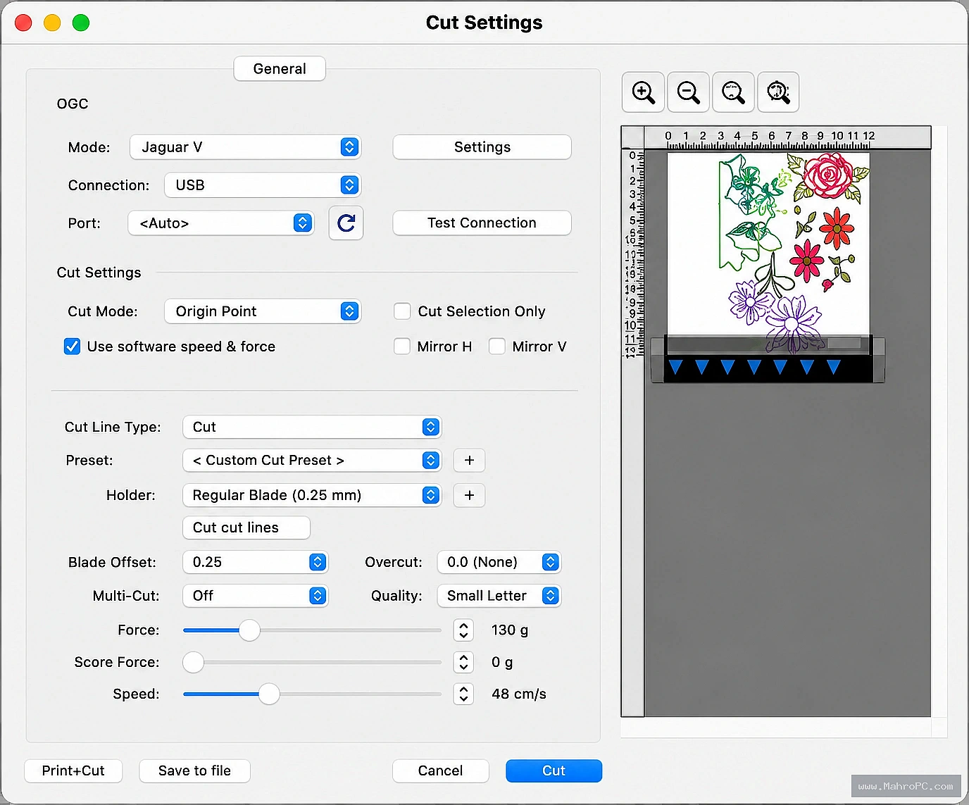 Preview cutting layouts, adjust blade settings, apply weeding options, and send projects directly to supported plotters with advanced production controls.